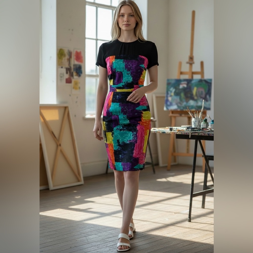 Trina Turk Black and Vibrant Patterned Midi Dress